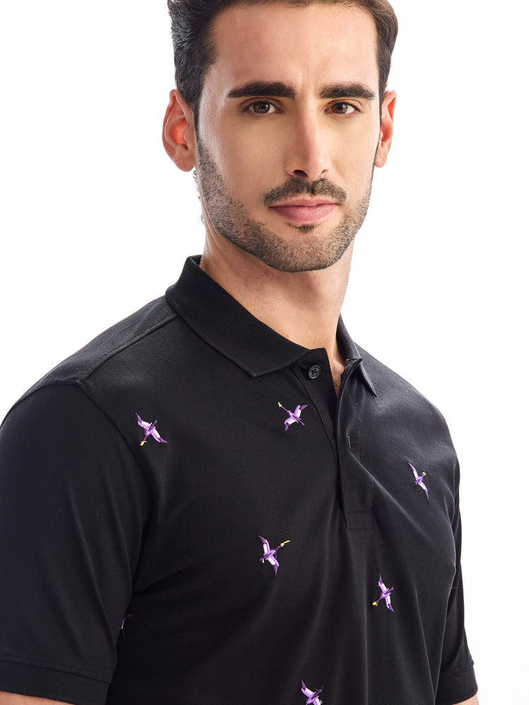 Black Print Polo T-Shirt