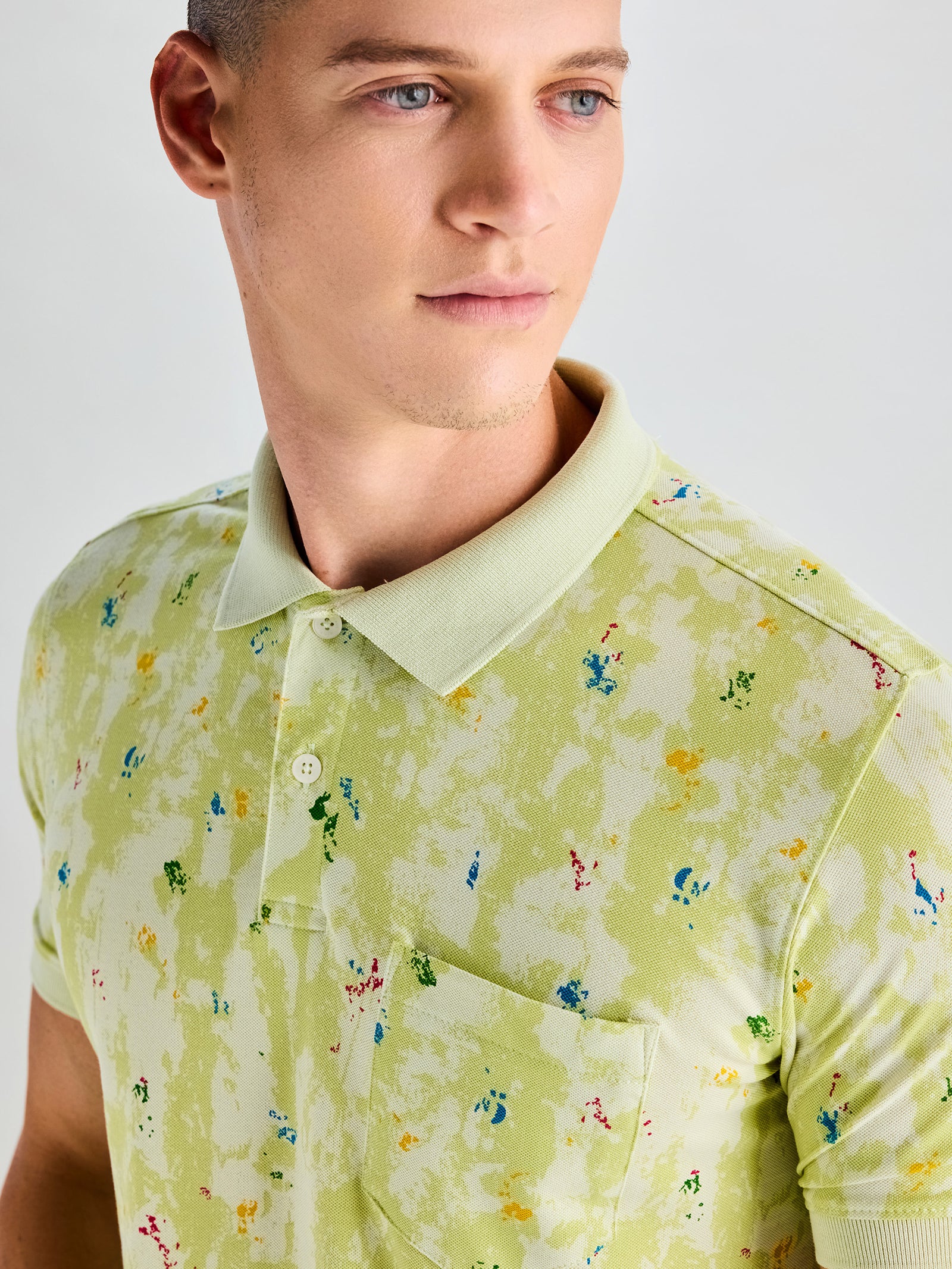 Lime Green Printed Stretch Polo T-Shirt