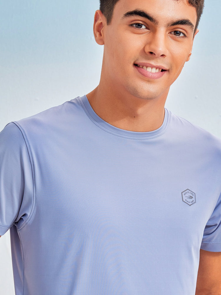Blue Rayon Nylon Stretch Crew Neck T-Shirt