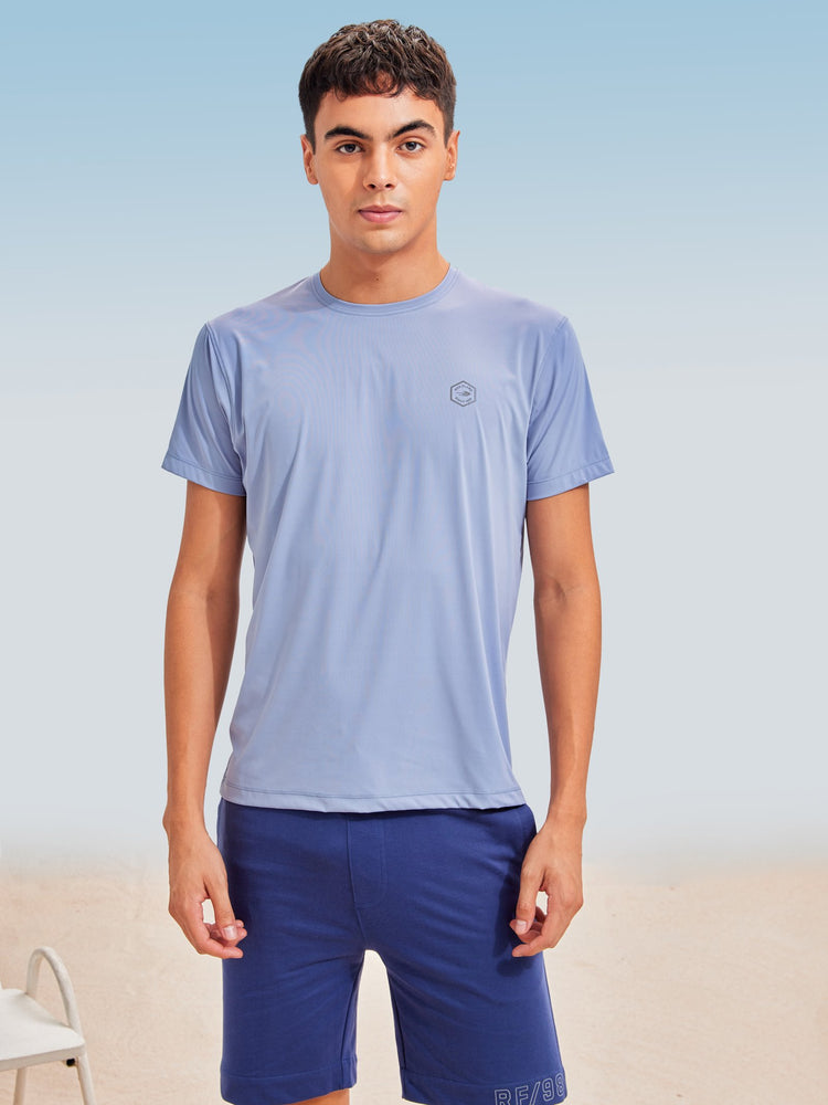 Blue Rayon Nylon Stretch Crew Neck T-Shirt