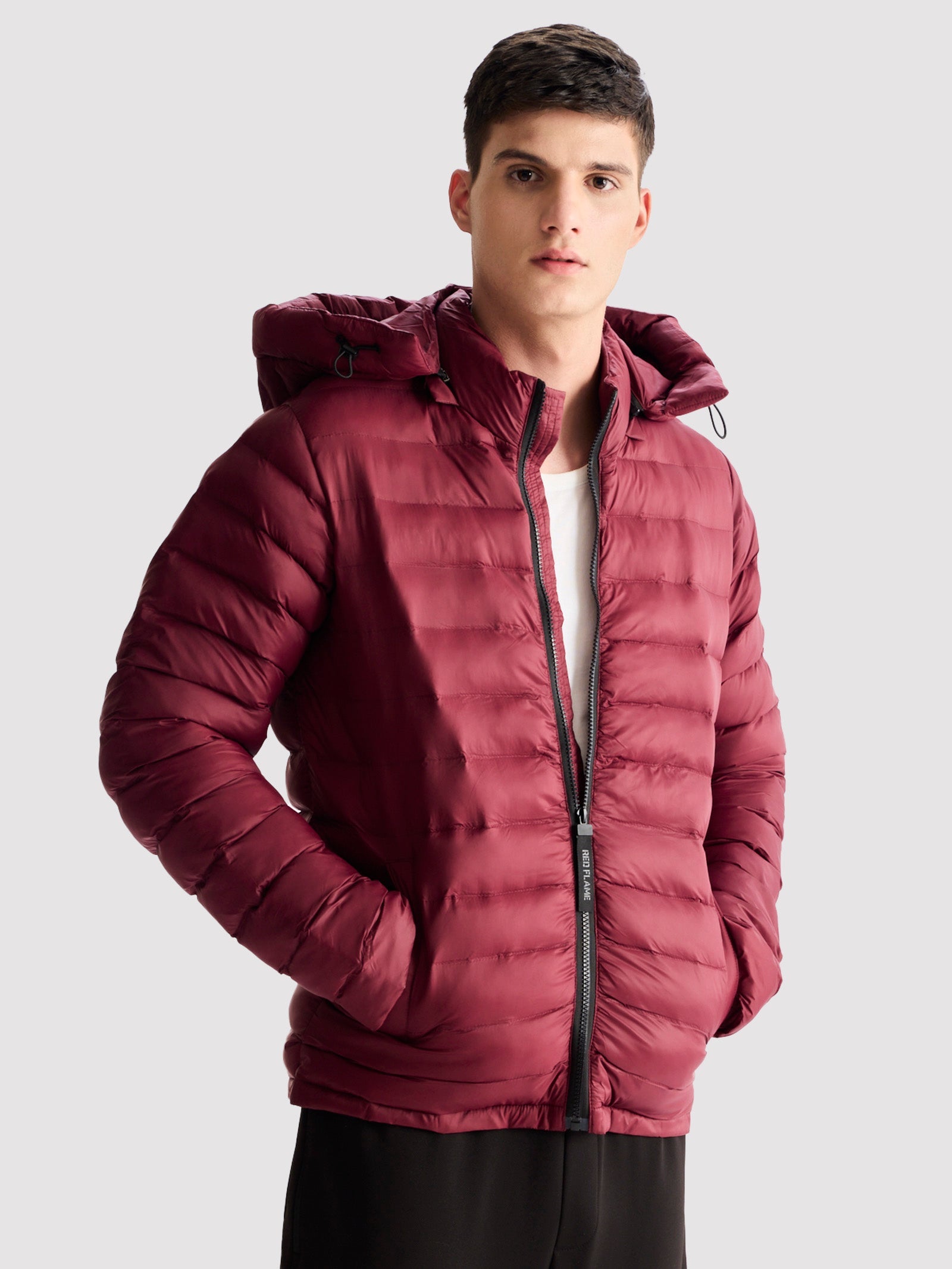 Buy Maroon Hooded Mens Puffer Jacket Online Red Flame