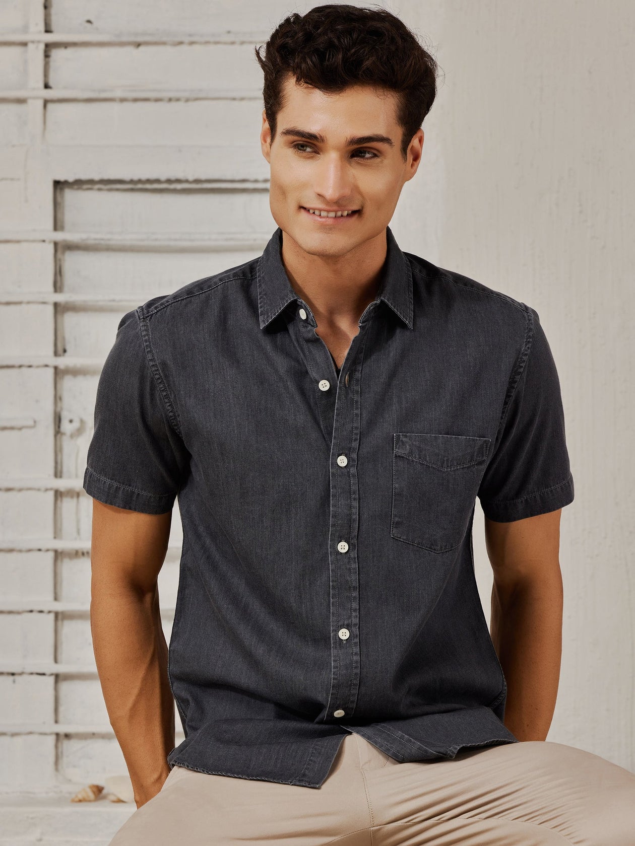 Buy Dark Grey Silky Denim Shirt for Men Online Red Flame
