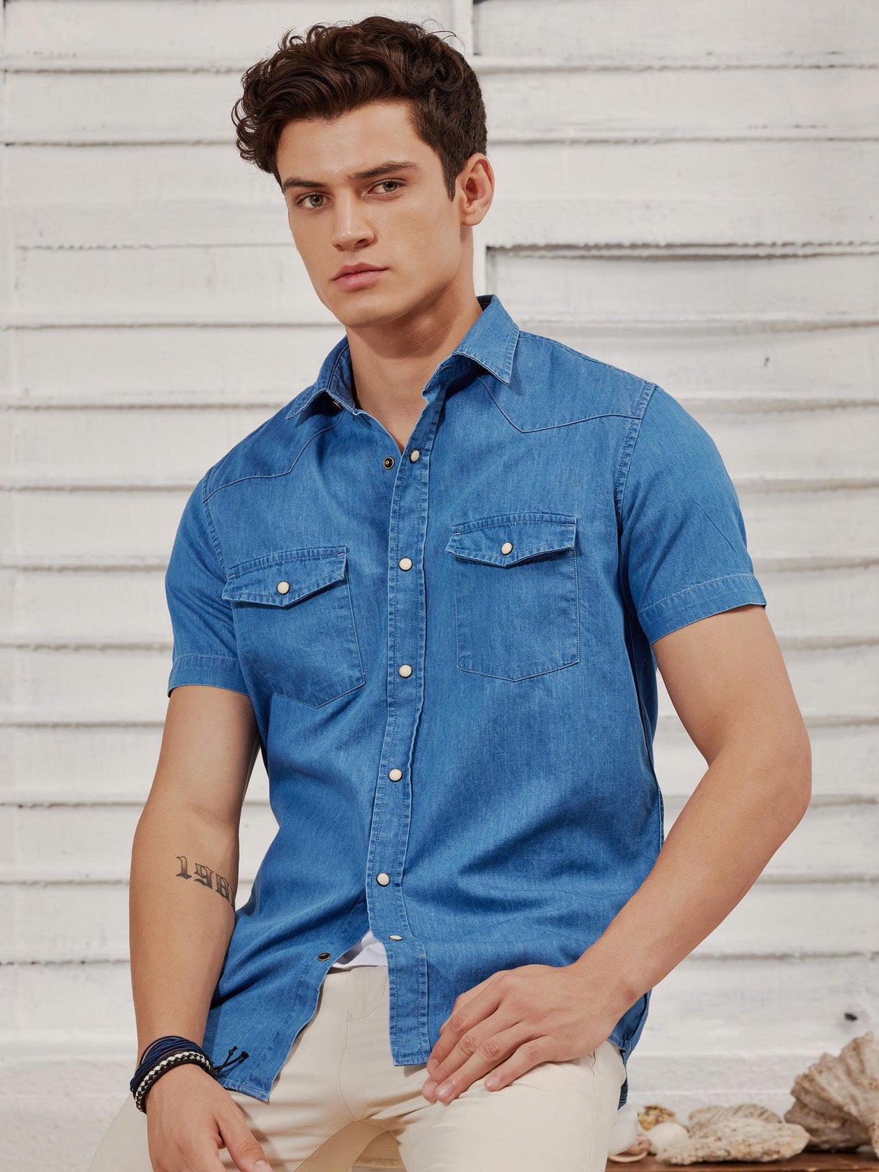 Buy Blue Silky Denim Cargo Shirt for Men Online Red Flame