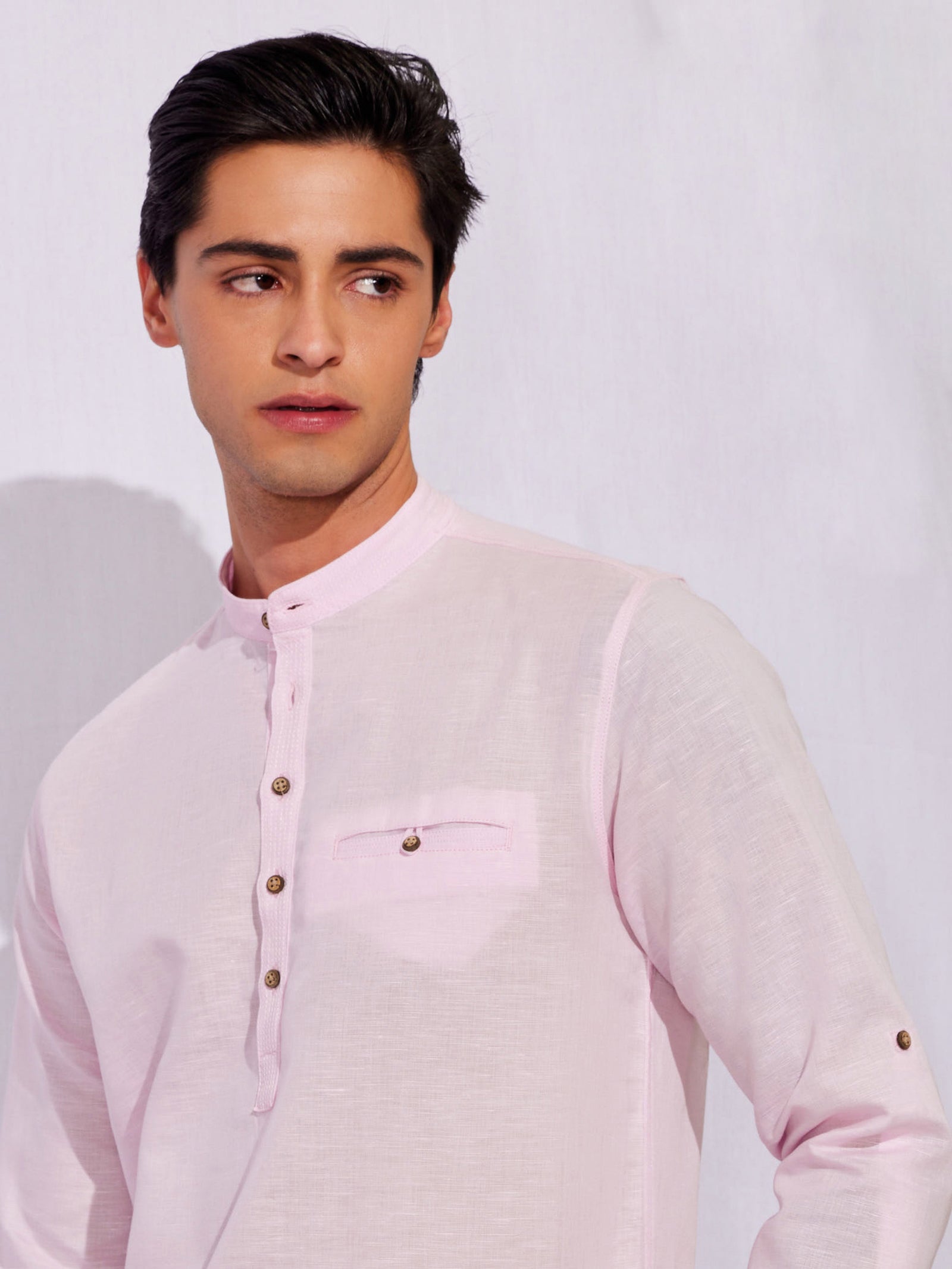 Pink Solid Linen Kurta