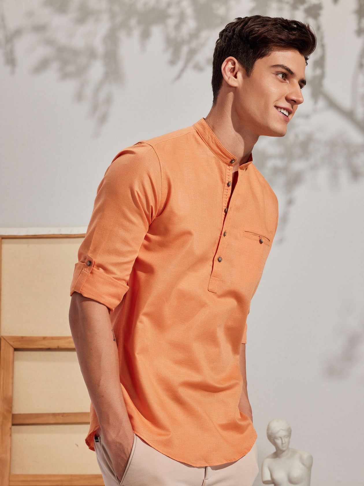 Buy Orange Solid Linen Short Kurta for Men Red Flame
