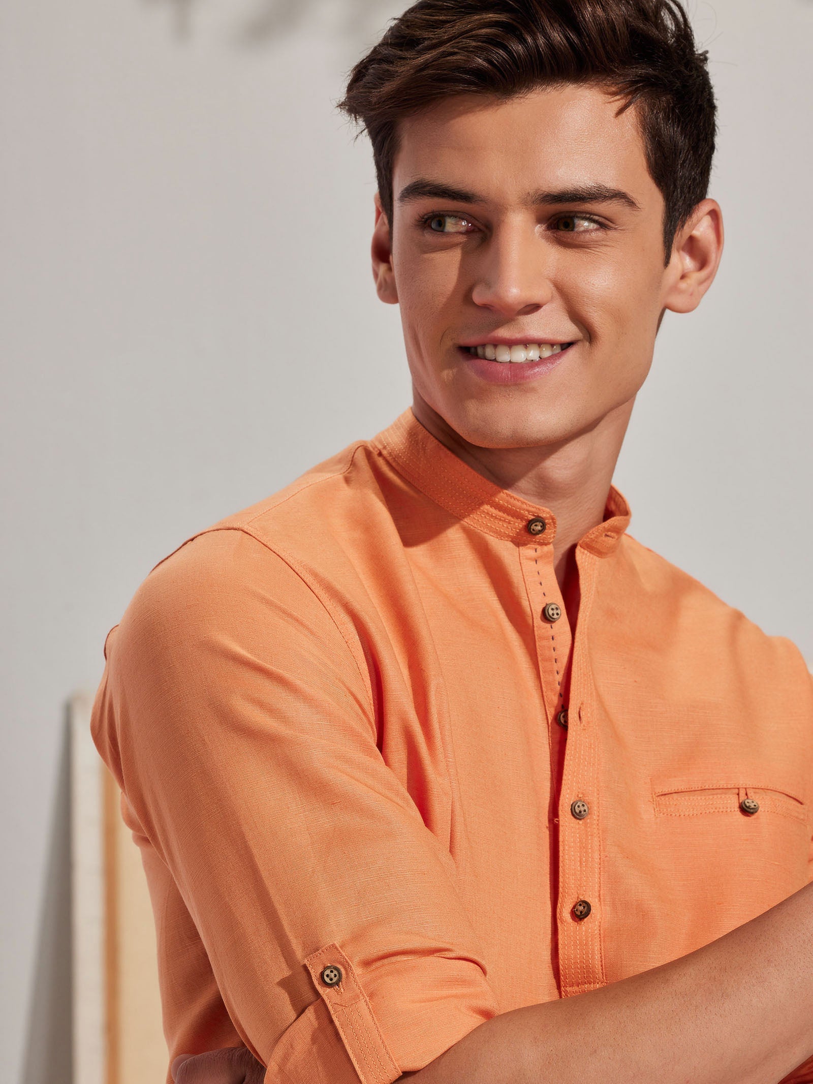 Orange Solid Linen Kurta