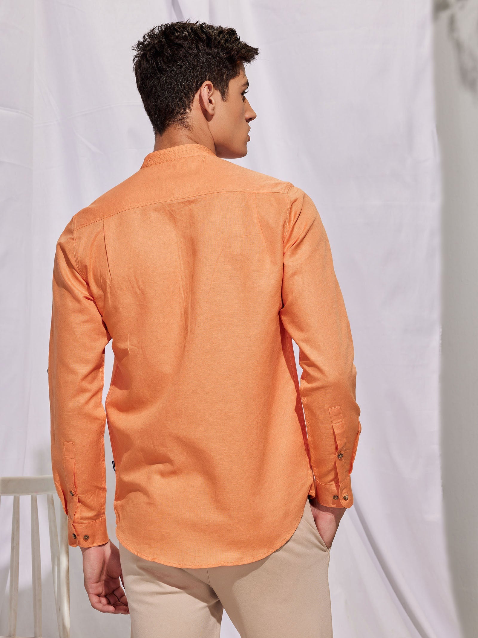 Orange Solid Linen Kurta