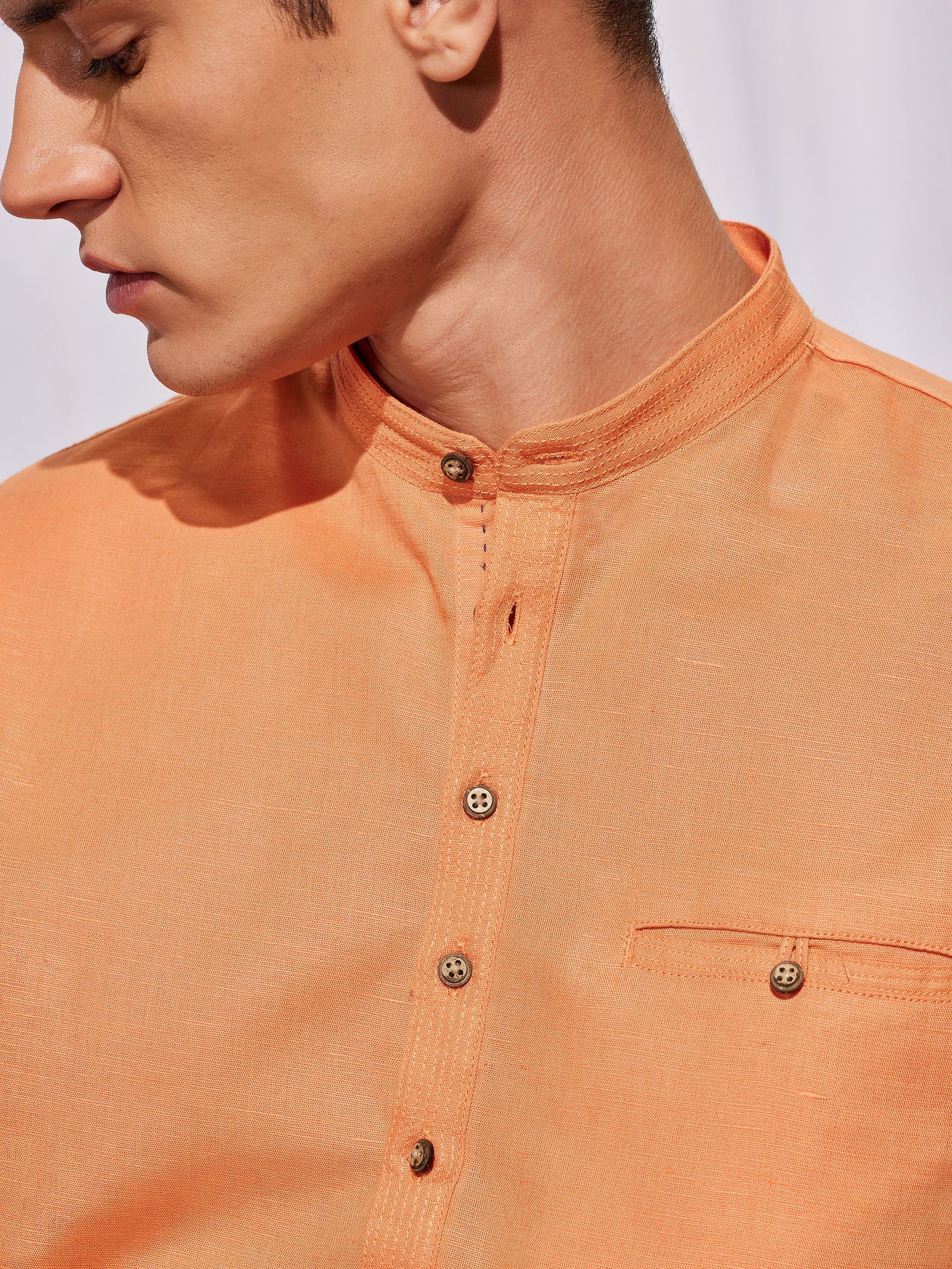 Orange Solid Linen Kurta