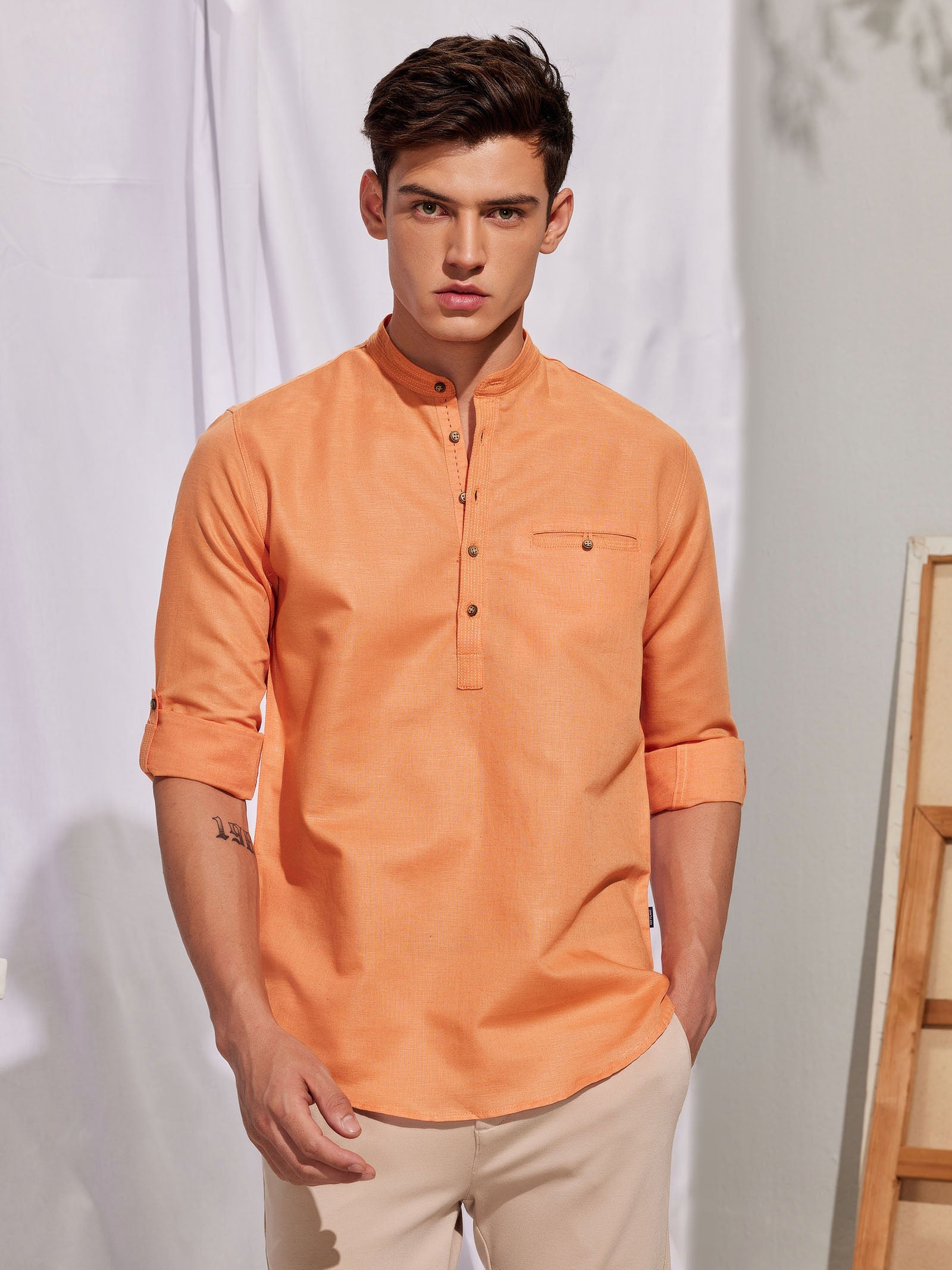 Orange Solid Linen Kurta