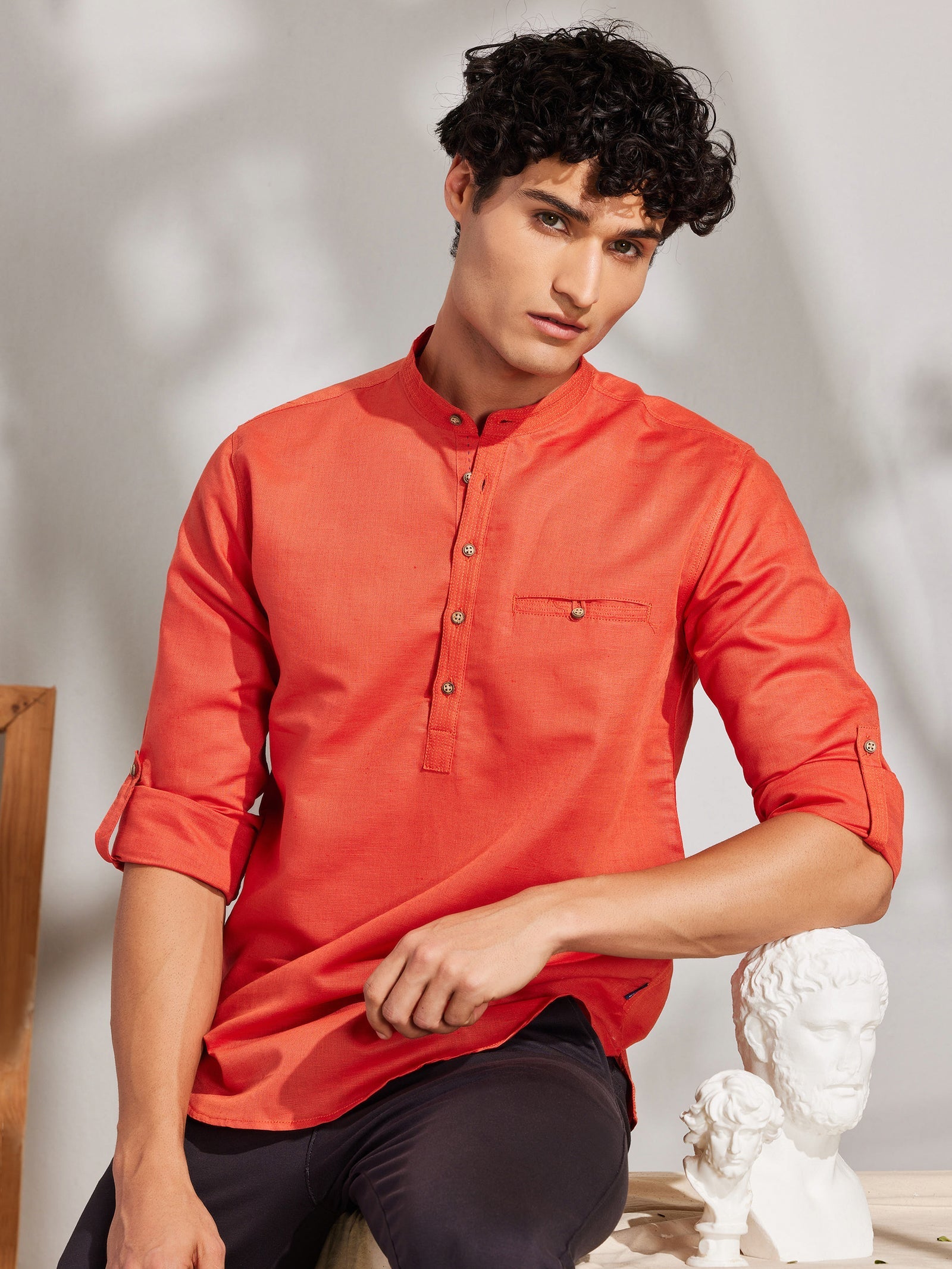 Orange Solid Linen Kurta