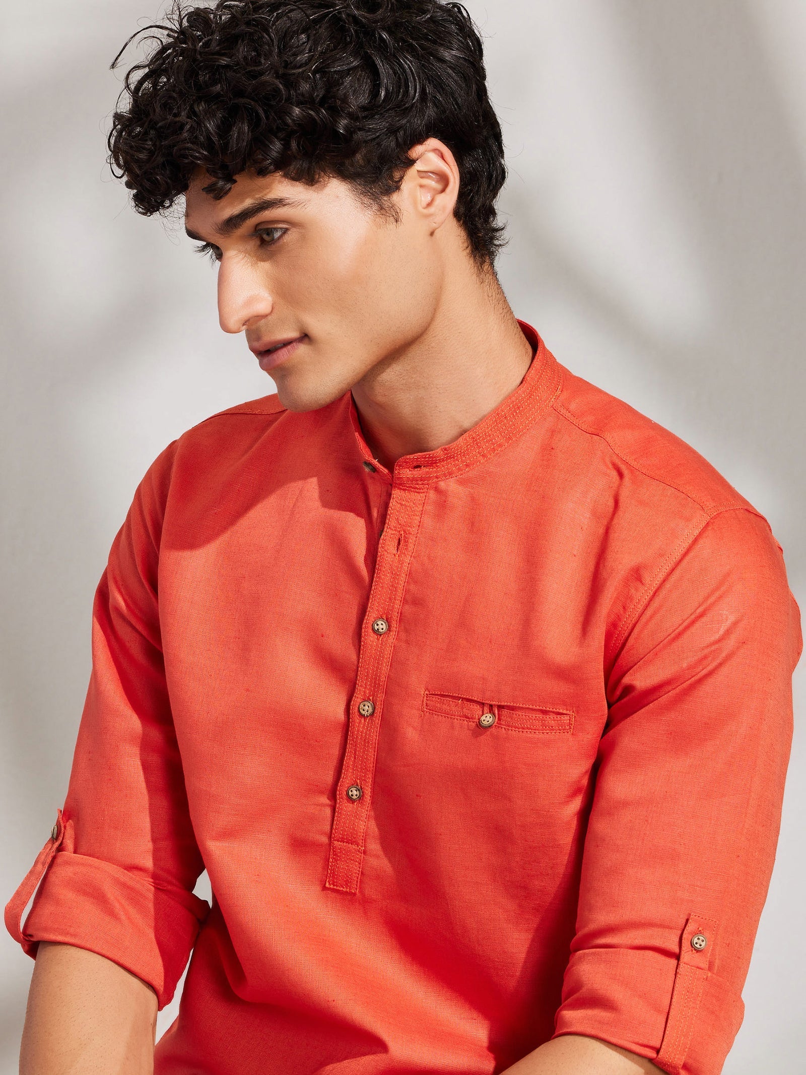 Orange Solid Linen Kurta