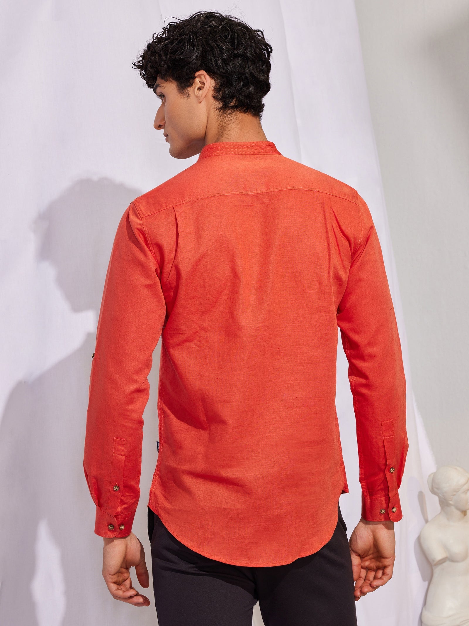 Orange Solid Linen Kurta