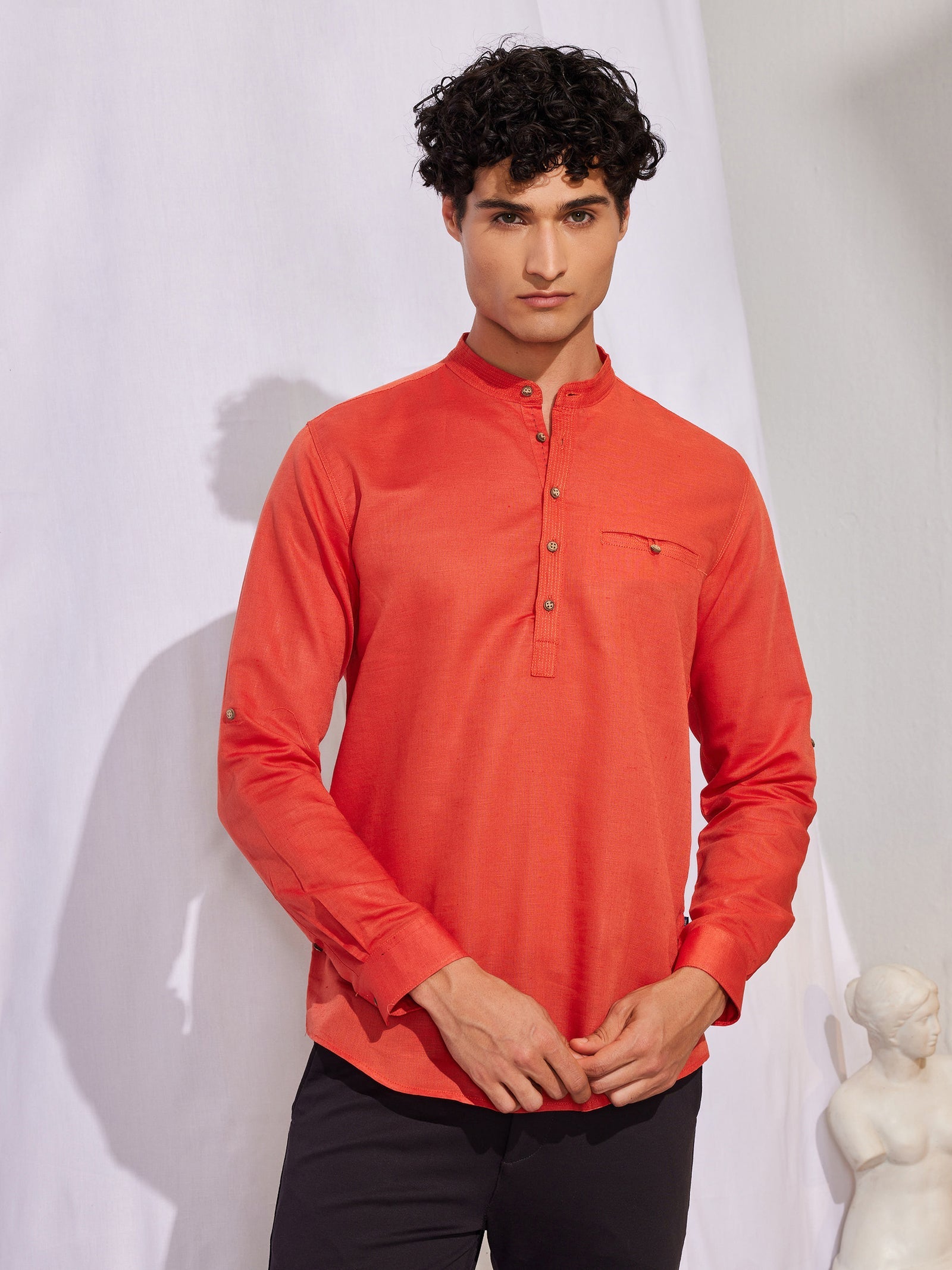 Orange Solid Linen Kurta