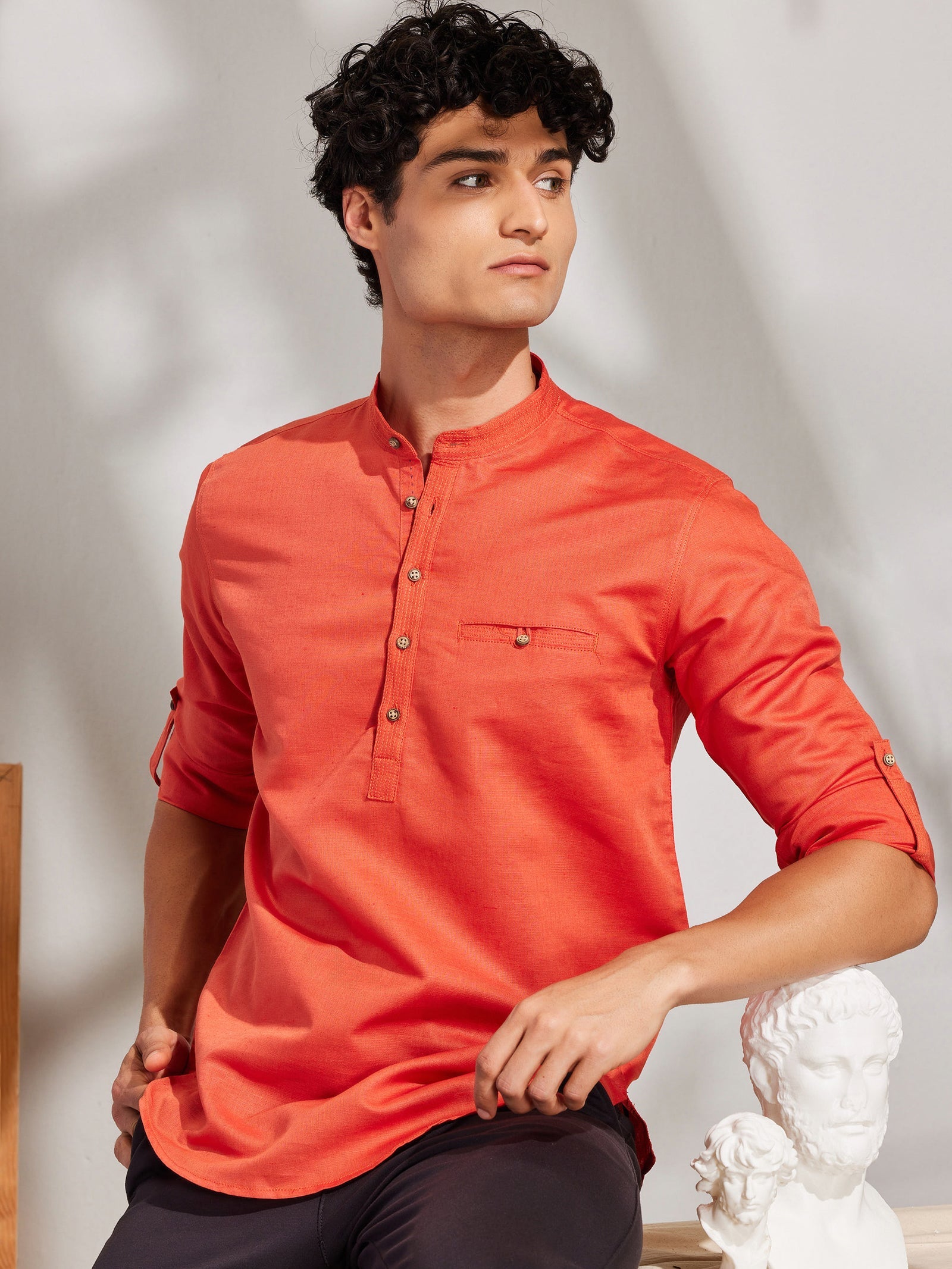 Orange Solid Linen Kurta