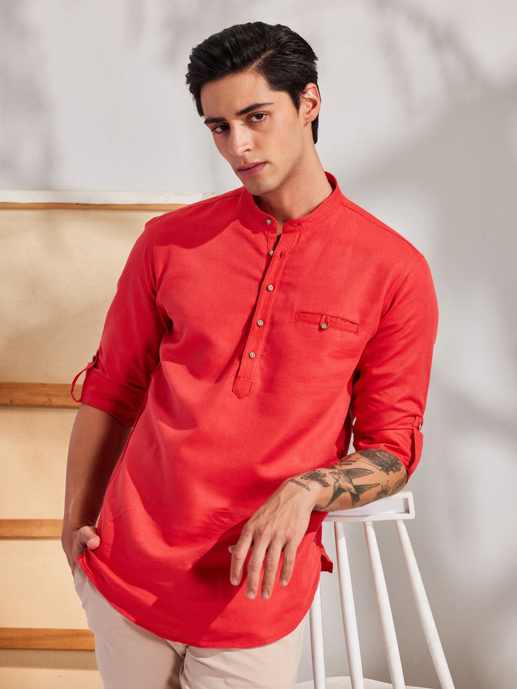 Red Solid Linen Kurta