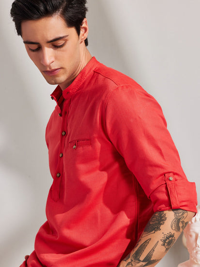 Red Solid Linen Kurta