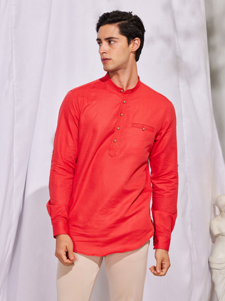 Red Solid Linen Kurta