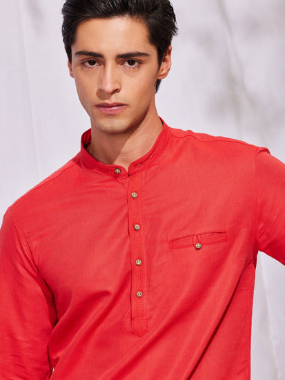 Red Solid Linen Kurta