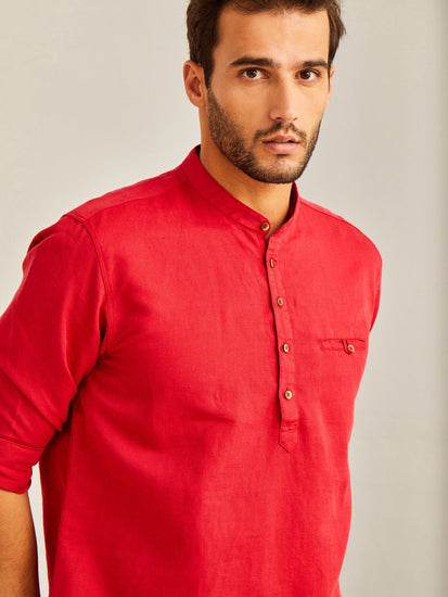 Red Solid Linen Kurta