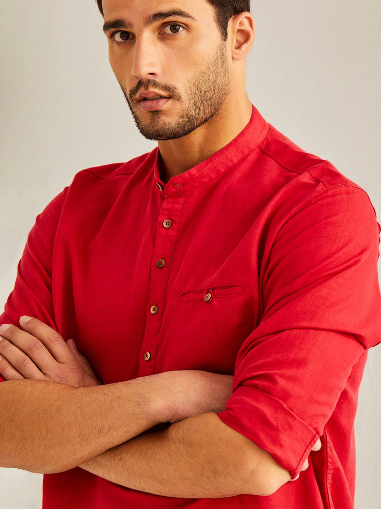 Red Solid Linen Kurta