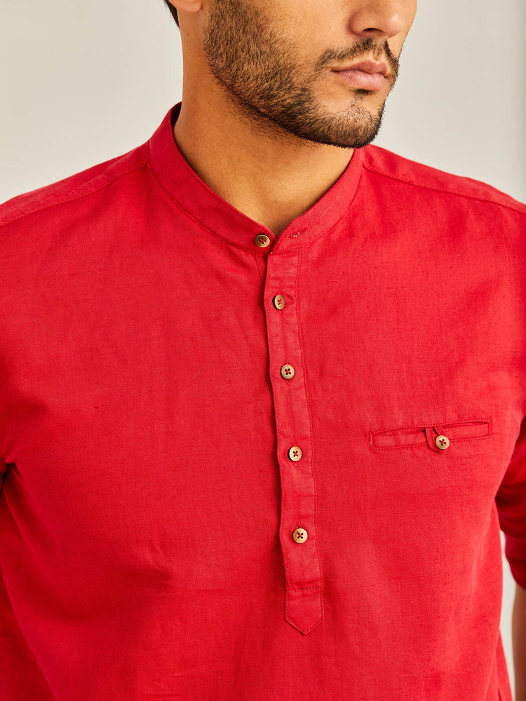 Red Solid Linen Kurta