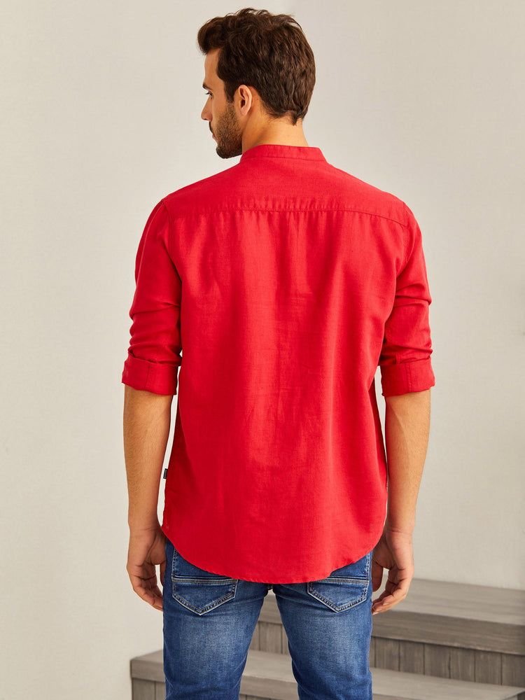 Red Solid Linen Kurta