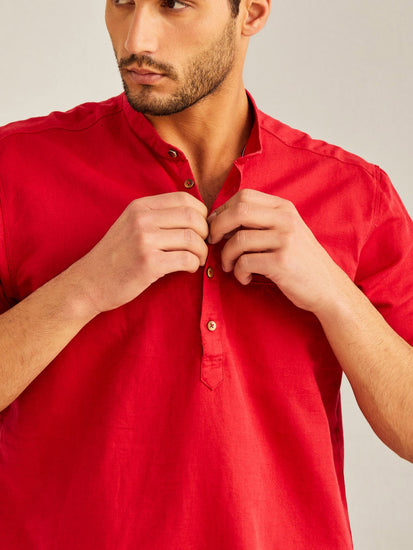 Red Solid Linen Kurta