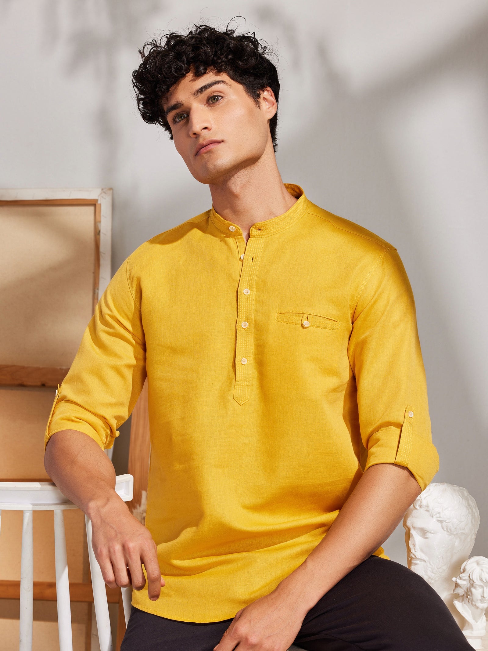 Yellow Solid Linen Kurta