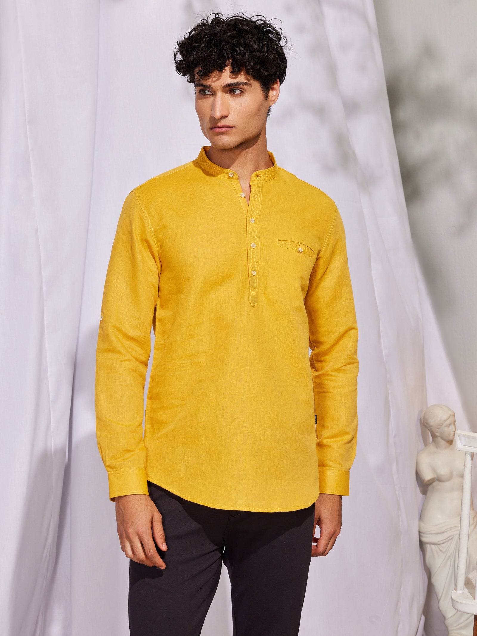 Yellow Solid Linen Kurta