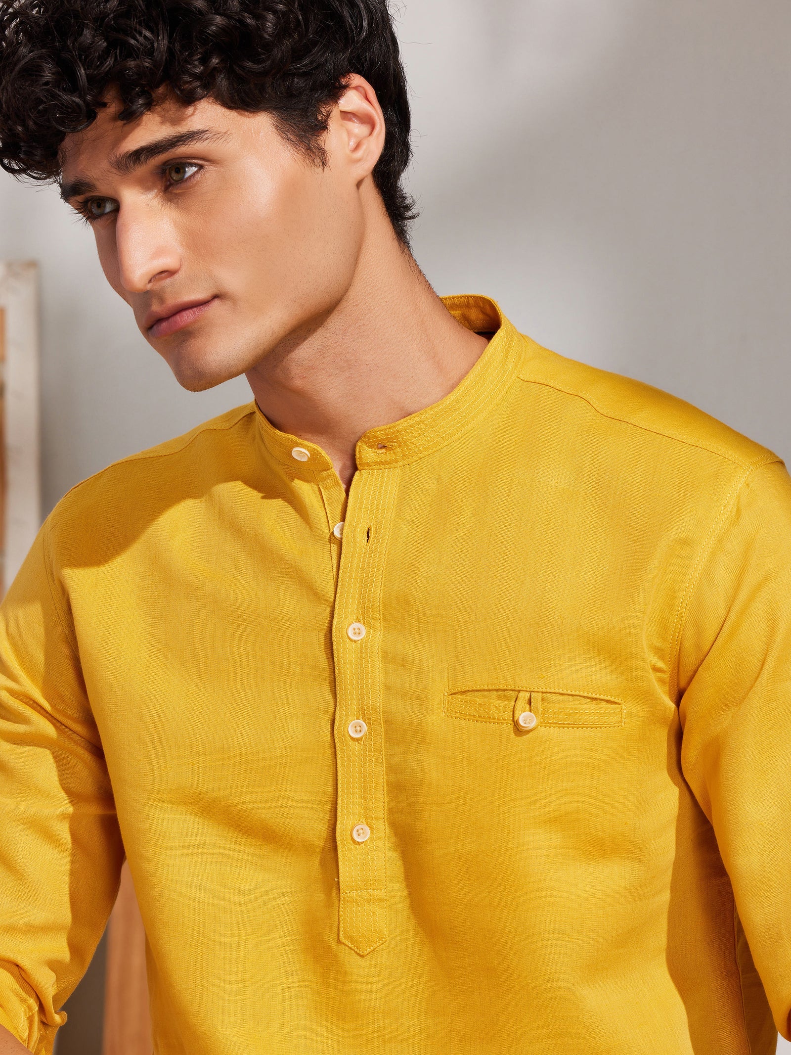 Yellow Solid Linen Kurta