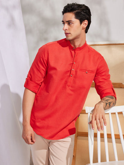 Red Solid Linen Kurta