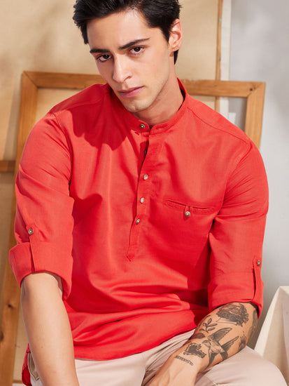 Red Solid Linen Kurta