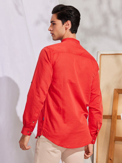 Red Solid Linen Kurta