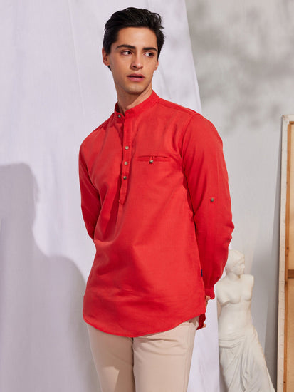 Red Solid Linen Kurta