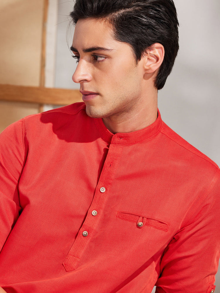 Red Solid Linen Kurta