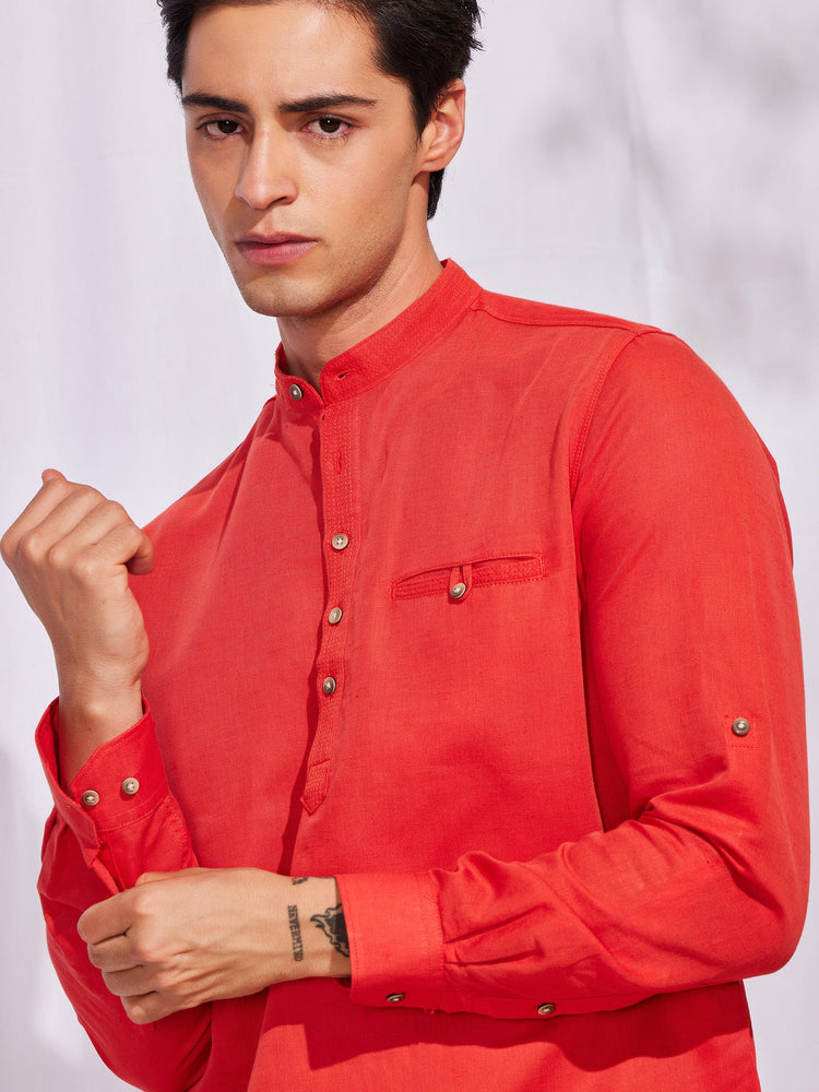 Red Solid Linen Kurta