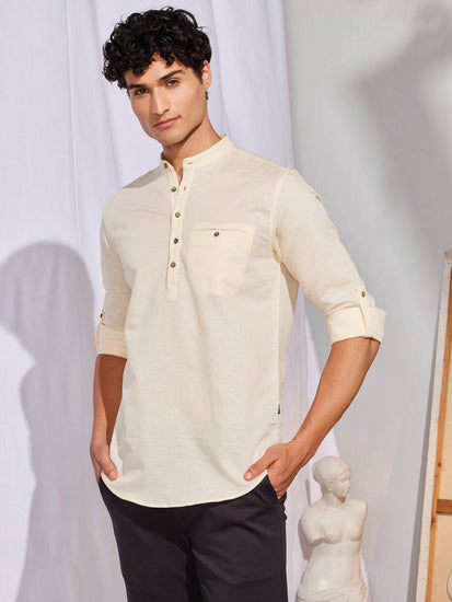 Cream Solid Linen Kurta