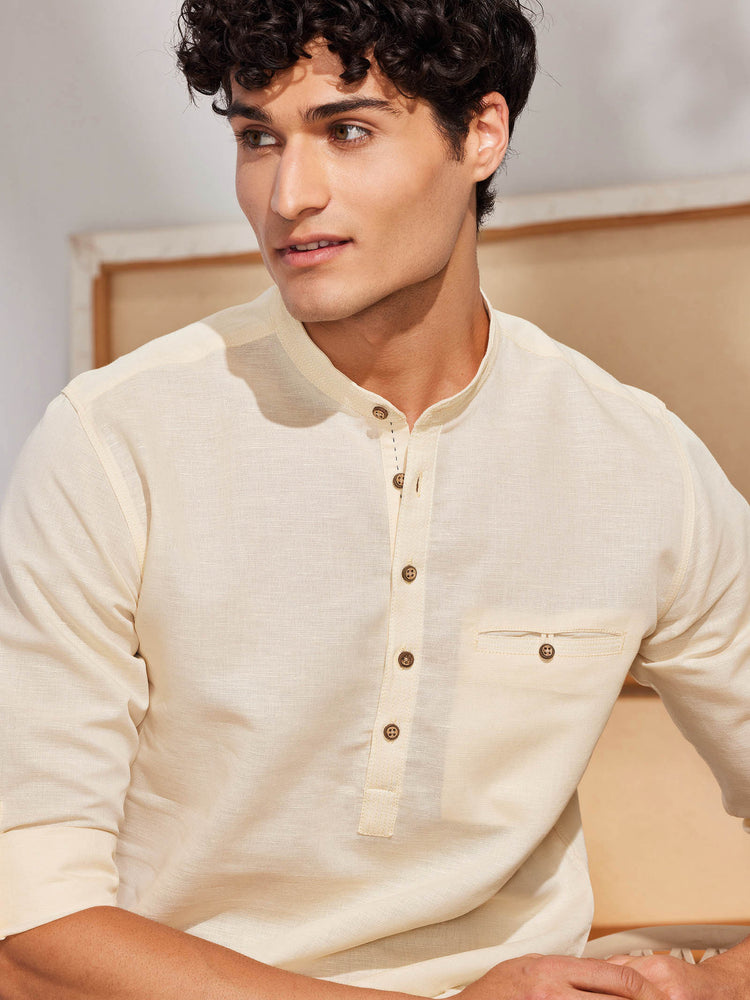 Cream Solid Linen Kurta