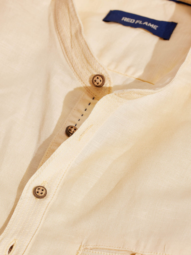 Cream Solid Linen Kurta