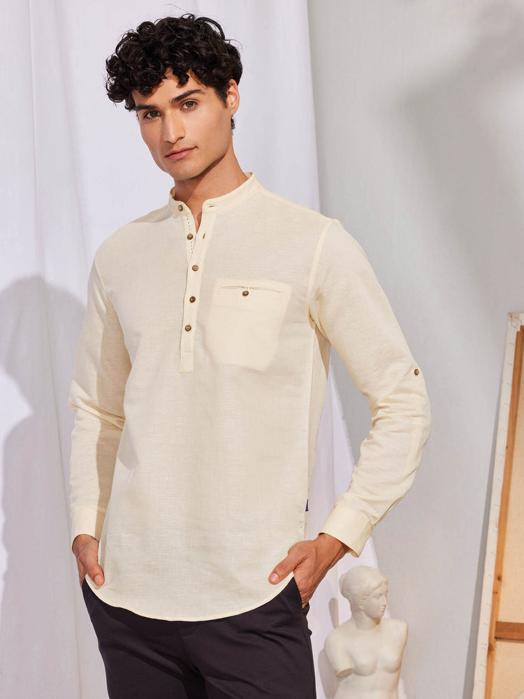 Cream Solid Linen Kurta