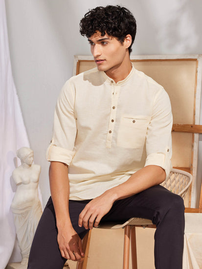 Cream Solid Linen Kurta