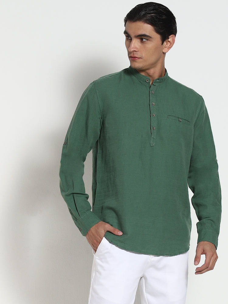 Green Solid Linen Kurta