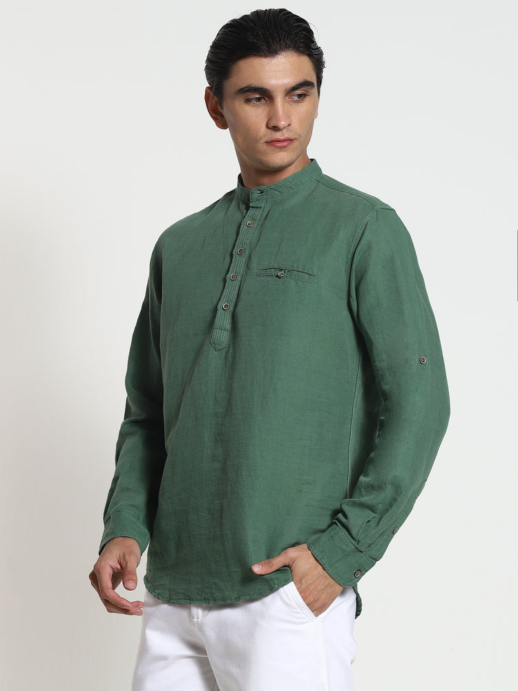 Green Solid Linen Kurta