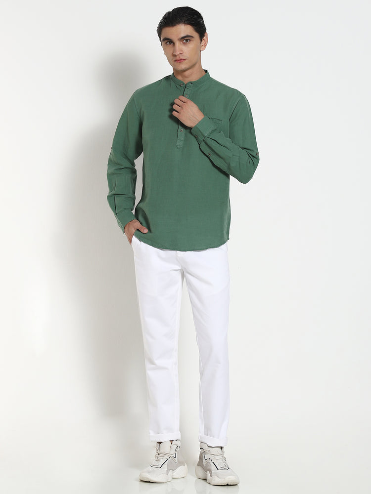 Green Solid Linen Kurta