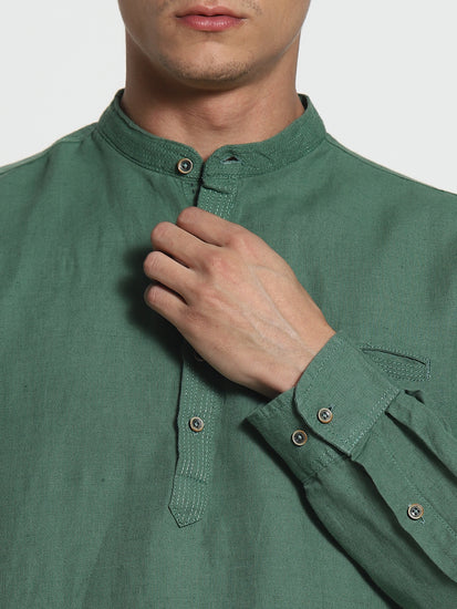 Green Solid Linen Kurta