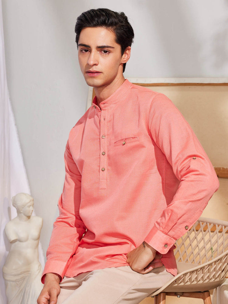 Pink Solid Linen Kurta