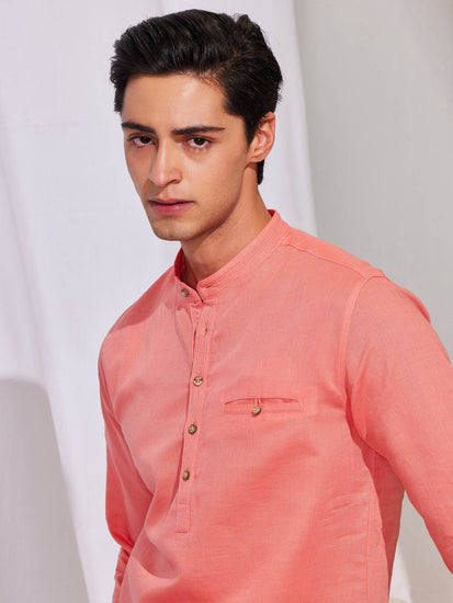 Pink Solid Linen Kurta