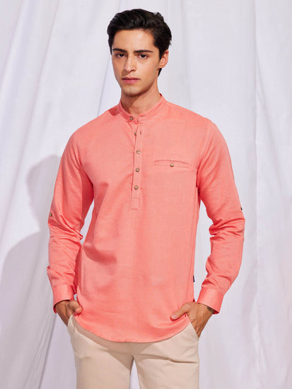 Pink Solid Linen Kurta