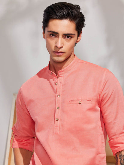 Pink Solid Linen Kurta