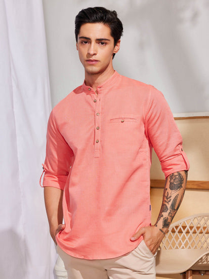 Pink Solid Linen Kurta